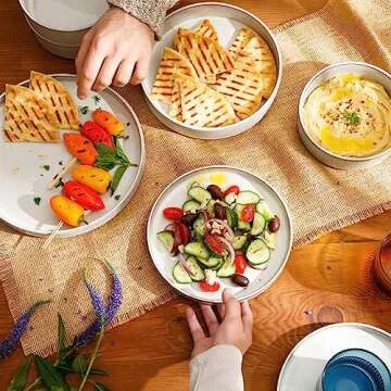 Bloomhouse - Oprah's Favorite Things - Santorini Mist Double Bowl Terracotta Reactive Glaze Plates and Bowls Dinnerware Set - Moonstone White, Service for Four (16pcs)