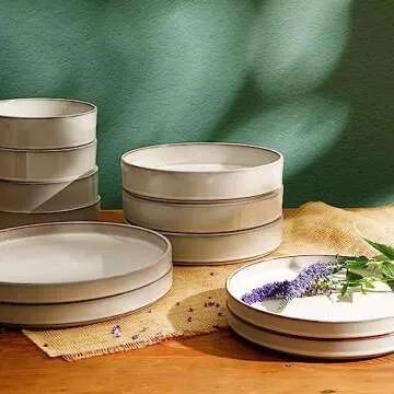 Bloomhouse - Oprah's Favorite Things - Santorini Mist Double Bowl Terracotta Reactive Glaze Plates and Bowls Dinnerware Set - Moonstone White, Service for Four (16pcs)