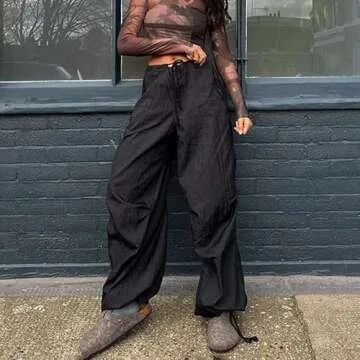 Drawstring Low Waist y2k Cargo Pants Baggy Straight Wide Leg Trousers E-Girls Harajuku Hiphop Streetwear Sweatpants Black