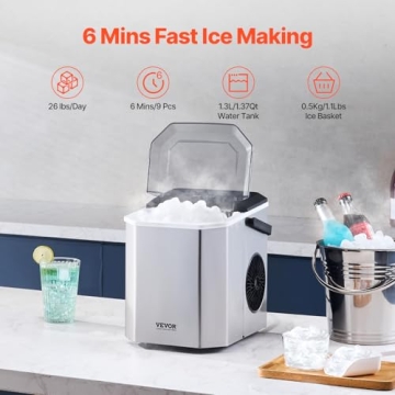 VEVOR Countertop Ice Maker, 9 Cubes Ready in 6 Mins, 26lbs in 24Hrs, Self-Cleaning Portable Ice Make...