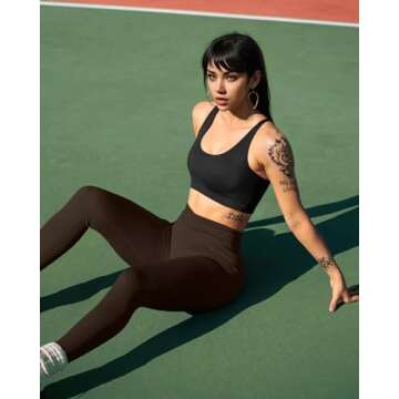 OQQ Women's 2 Piece Yoga Leggings Ribbed Seamless Workout High Waist Cross Over Athletic Exercise Leggings Black Darkbrown