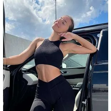 OQQ Women's 2 Piece Yoga Leggings Ribbed Seamless Workout High Waist Cross Over Athletic Exercise Leggings Black Darkbrown