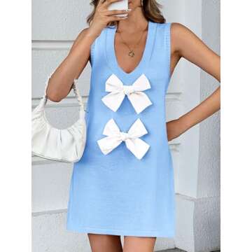 Wenrine Womens Sleeveless Mini Dress Summer Deep V Neck Bowknot Casual Loose Fit Knit Shift Dresses ...