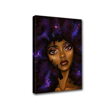 Canvas Wall Art Afro African American Woman Girl Purple Galaxy Space Picture Artwork for Home Kid Gi...