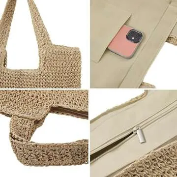 COZYOFFI Straw Beach Tote Bag: Large Summer Boho Woven Bags - Rattan Handmade Shoulder Handbags for Women(Brown)