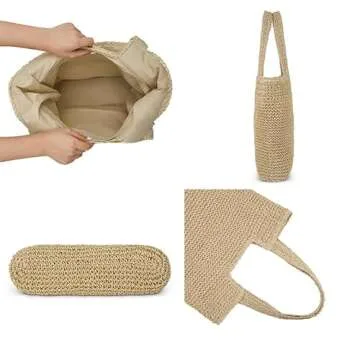 COZYOFFI Straw Beach Tote Bag: Large Summer Boho Woven Bags - Rattan Handmade Shoulder Handbags for Women(Brown)