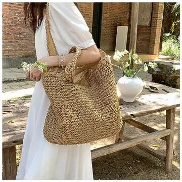 COZYOFFI Straw Beach Tote Bag: Large Summer Boho Woven Bags - Rattan Handmade Shoulder Handbags for Women(Brown)