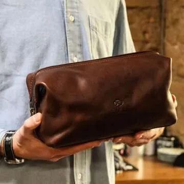 Time Resistance Leather Toiletry Bag - Italian Cosmetic Case Dopp Kit (Brown)