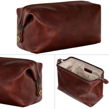 Time Resistance Leather Toiletry Bag - Italian Cosmetic Case Dopp Kit (Brown)