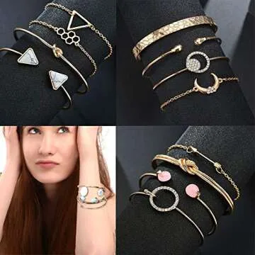 yunanwa 5 PACK (23pcs) Multiple Layered Stackable Open Cuff Wrap Bangle Bracelet Jewelry Adjustable for Women Wholesales Set Assorted