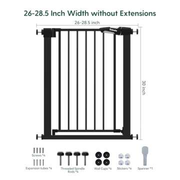 BABELIO 26-28.5 Inch Narrow Easy Install Baby Gate, Auto-Close Pet Gate for Small Stairs and Doorways, NO Drilling Pressure Mounted, NO Extensions, Black