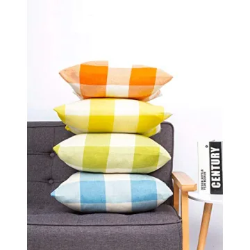 4TH Emotion Set of 2 Farmhouse Buffalo Check Plaid Throw Pillow Covers Cushion Case Polyester Linen for Fall Home Decor Orange and White, 18 x 18 Inches