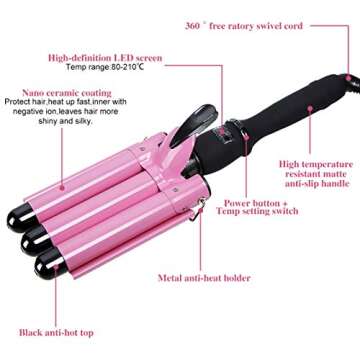 3 Barrel Curling Iron Hair Curling Iron 3 Barrel Waver 1inch Curling Waver Iron Hot Tools with LCD Temperature Display for Deep Waves Suit for All Hair Style (Pink)
