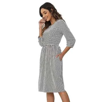 MEROKEETY Women's 3/4 Balloon Sleeve Striped High Waist T Shirt Midi Dress, Black White, Small