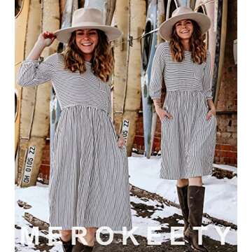 MEROKEETY Women's 3/4 Balloon Sleeve Striped High Waist T Shirt Midi Dress, Black White, Small