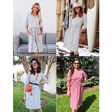 MEROKEETY Women's 3/4 Balloon Sleeve Striped High Waist T Shirt Midi Dress, Black White, Small