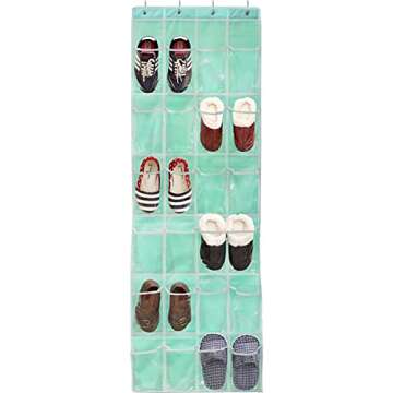 Simple Houseware 24 Pockets - Crystal Clear Over The Door Hanging Shoe Organizer, Turquoise (64'' x ...