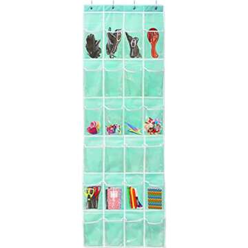 Simple Houseware 24 Pockets - Crystal Clear Over The Door Hanging Shoe Organizer, Turquoise (64'' x 19'')