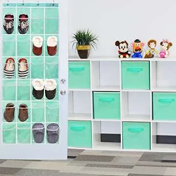 Simple Houseware 24 Pockets - Crystal Clear Over The Door Hanging Shoe Organizer, Turquoise (64'' x 19'')