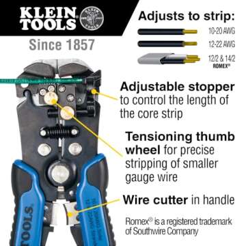Klein Tools 11061 Self-Adjusting Wire Stripper / Wire Cutter, Heavy Duty, for 10-20 AWG Solid, 12-22...