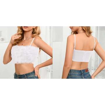 Giovacker Womens Crop Tops Spaghetti Strap Cami Fur Faux Tank Top Tees Rave Clubwear Nightclub Dance...