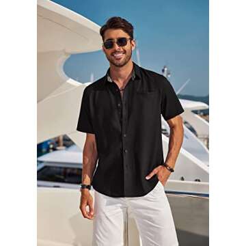 COOFANDY Men's Summer Beach Shirts Short Sleeve Button Up Shirt Casual Linen Shirt Black