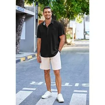 COOFANDY Men's Summer Beach Shirts Short Sleeve Button Up Shirt Casual Linen Shirt Black