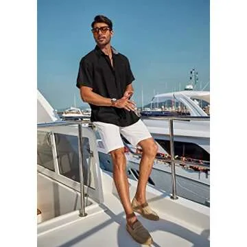COOFANDY Men's Summer Beach Shirts Short Sleeve Button Up Shirt Casual Linen Shirt Black