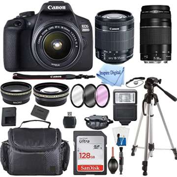 EOS 2000D / Rebel T7 DSLR Camera with EF-S 18-55mm + EF 75-300mm Daul Lens + SanDisk 128GB Memory Ca...