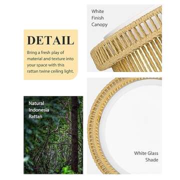 Boho Light Fixtures Ceiling 16W LED, HWH 13'' Woven Rattan Flush Mount Ceiling Light, Handwoven Twine Cage Light Fixtures Ceiling Mount 3000K/4000K/5000K, 5HYS78F-LED ORB