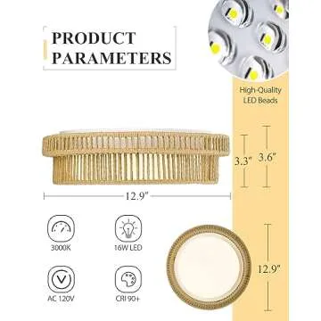 Boho Light Fixtures Ceiling 16W LED, HWH 13'' Woven Rattan Flush Mount Ceiling Light, Handwoven Twine Cage Light Fixtures Ceiling Mount 3000K/4000K/5000K, 5HYS78F-LED ORB