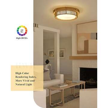 Boho Light Fixtures Ceiling 16W LED, HWH 13'' Woven Rattan Flush Mount Ceiling Light, Handwoven Twine Cage Light Fixtures Ceiling Mount 3000K/4000K/5000K, 5HYS78F-LED ORB