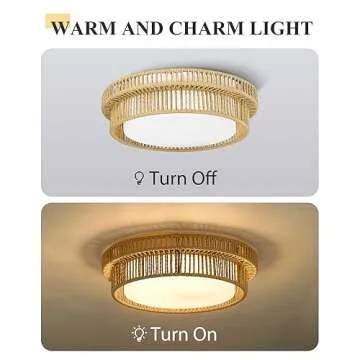 Boho Light Fixtures Ceiling 16W LED, HWH 13'' Woven Rattan Flush Mount Ceiling Light, Handwoven Twine Cage Light Fixtures Ceiling Mount 3000K/4000K/5000K, 5HYS78F-LED ORB