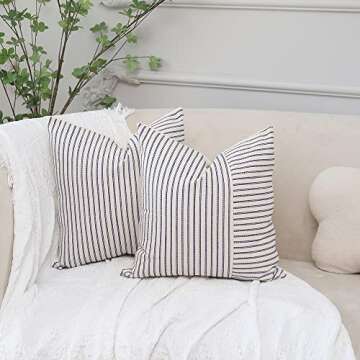 Hckot Navy and Beige Patchwork Farmhouse Throw Pillow Covers 24 x 24 Inch, Pack of 2 Striped Linen D...
