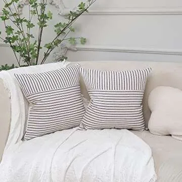 Hckot Navy and Beige Patchwork Farmhouse Throw Pillow Covers 24 x 24 Inch, Pack of 2 Striped Linen Decorative Pillow Case for Sofa Couch Chair Bedroom Modern Decor (24" x 24", Navy Blue)