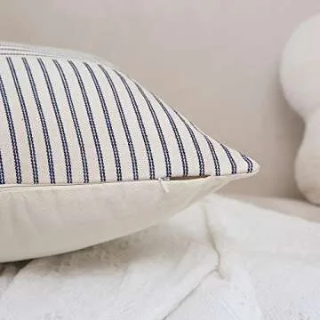 Hckot Navy and Beige Patchwork Farmhouse Throw Pillow Covers 24 x 24 Inch, Pack of 2 Striped Linen Decorative Pillow Case for Sofa Couch Chair Bedroom Modern Decor (24" x 24", Navy Blue)