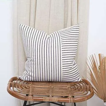 Hckot Navy and Beige Patchwork Farmhouse Throw Pillow Covers 24 x 24 Inch, Pack of 2 Striped Linen Decorative Pillow Case for Sofa Couch Chair Bedroom Modern Decor (24" x 24", Navy Blue)