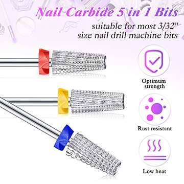 Honoson 3 Pcs 5 in 1 Nail Drill Bits 3/32 Inch Carbide Tungsten Multifunction Nail Drill Bits for Manicure Pedicure Cuticle Polishing Home Salon(Silver)