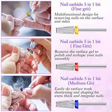 Honoson 3 Pcs 5 in 1 Nail Drill Bits 3/32 Inch Carbide Tungsten Multifunction Nail Drill Bits for Manicure Pedicure Cuticle Polishing Home Salon(Silver)