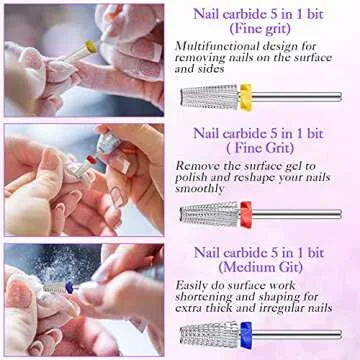 Honoson 3 Pcs 5 in 1 Nail Drill Bits 3/32 Inch Carbide Tungsten Multifunction Nail Drill Bits for Manicure Pedicure Cuticle Polishing Home Salon(Silver)