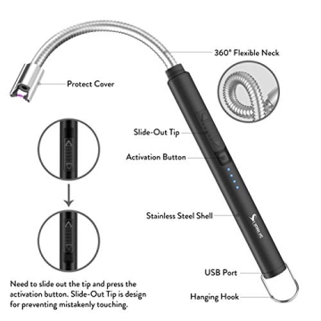 SUPRUS Electric Lighter USB Type C Rechargeable Flexible Neck Black