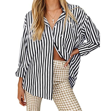 thefabland Women's Blouses Striped Long Sleeve Shirts Button Down Loose Fit Casual Tops