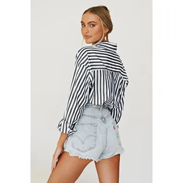 thefabland Women's Blouses Striped Long Sleeve Shirts Button Down Loose Fit Casual Tops
