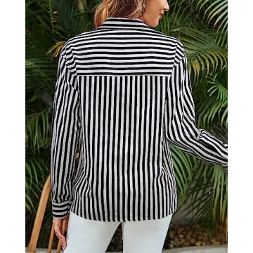 thefabland Women's Blouses Striped Long Sleeve Shirts Button Down Loose Fit Casual Tops
