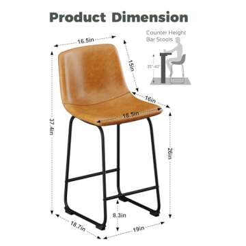 YaFiti 26 inch Bar Stools Set of 2, Modern Bar Height Barstools, Faux Leather Barstools with Back and Metal Leg, Armless Tall Bar Dining Chairs for Kitchen Island Counter, Brown