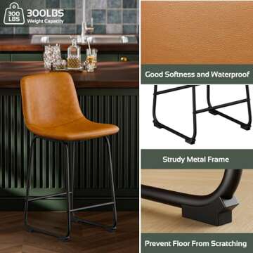 YaFiti 26 inch Bar Stools Set of 2, Modern Bar Height Barstools, Faux Leather Barstools with Back and Metal Leg, Armless Tall Bar Dining Chairs for Kitchen Island Counter, Brown