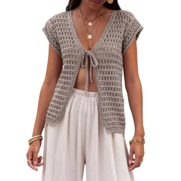 Stylish Saodimallsu Womens Tie Crochet Shrug - Lightweight Knit Cardigan