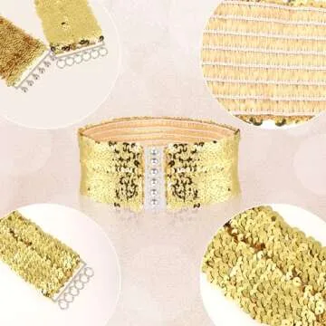 KALIONE 3PCS Women‘s Elastic Sequin Belts Wide Waist Belts for Women Glitter Dress Belts Waistband Cinch Belts Cheerleader Stretch Waistbelts for Women Girls 70s 80s Costume Party, Pink Gold Silver