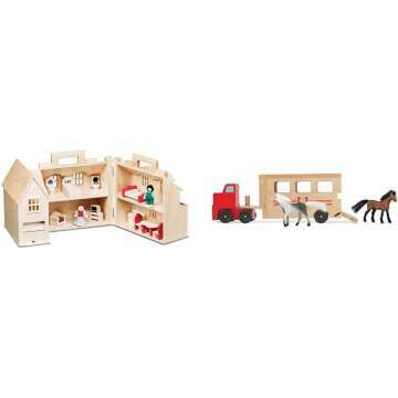 Melissa & Doug Wooden Dollhouse & Horse Carrier Set