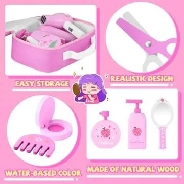 GAGAKU Wooden Makeup Toy Set Pretend Wood Beauty Hair Salon Toys for Toddler Wooden Makeup Kit for G...